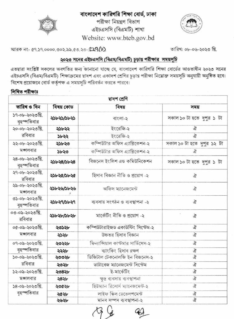 HSC Vocational exam routine 2022 and and BM routine for Technical Board