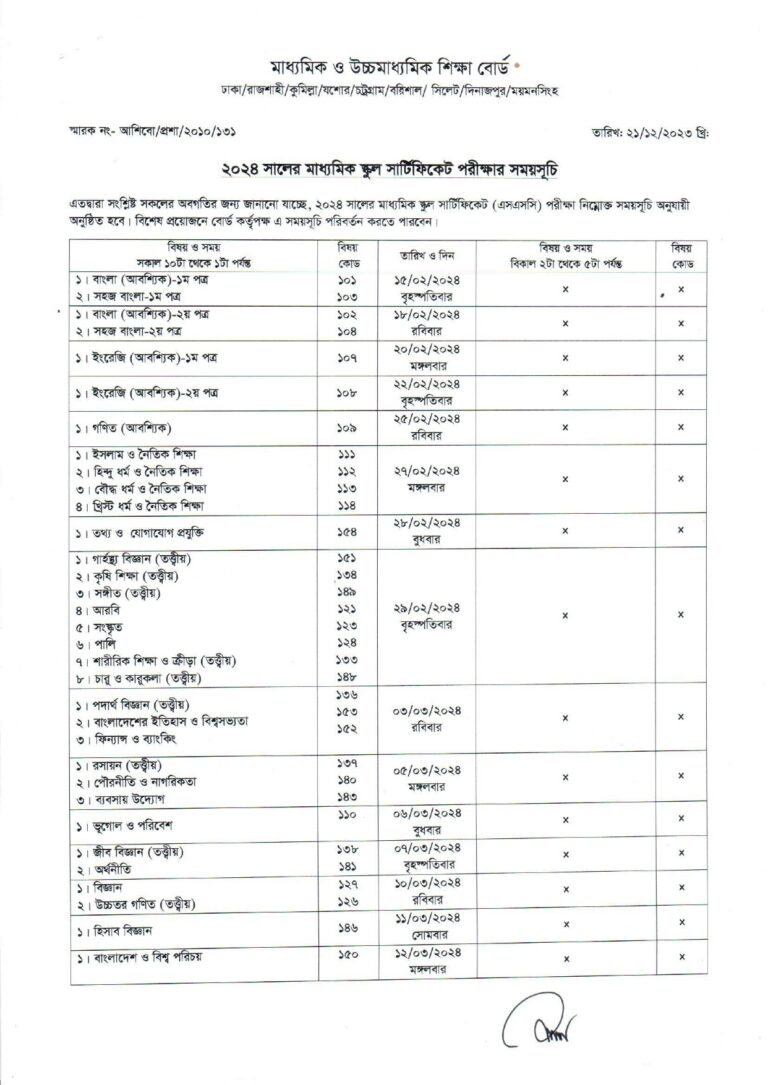 SSC Exam Routine 2024 PDF Download For All Education Board